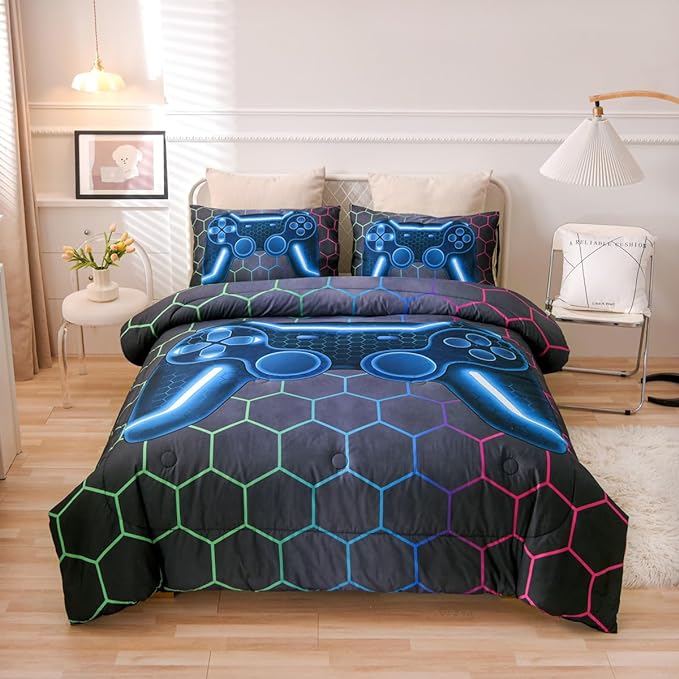 NTBED Game Console Comforter Set for Boys Girls Kids 3D Gaming Geometric Lightweight Microfiber Bedding Sets (Multi, Twin)