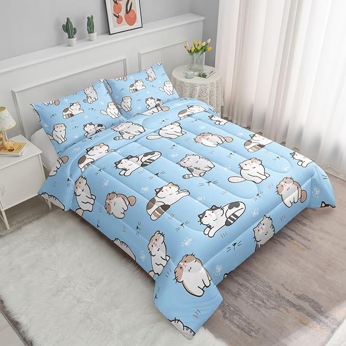 Datura home Blue Kawaii Cat Comforter Bedding Set for Girls Lovely Kitten Print Cute Animal Pattern with 1 and 2 Pillowcases Bedroom All Season(Cat Full), Full 80x90inches