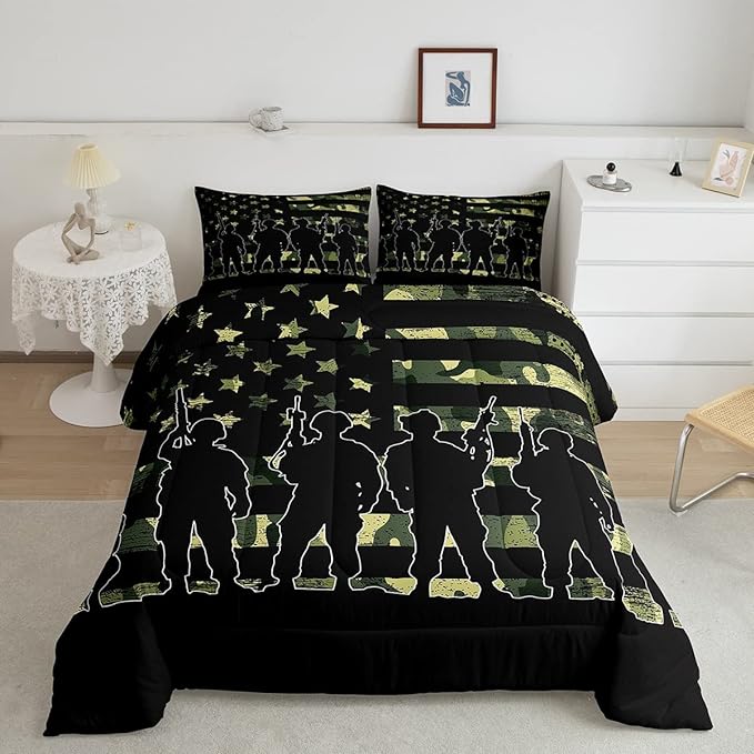 American Flag Comforter Set Queen for Boy Teen ArmyGreen Camouflage Down Comforter Adult Men Soldier Silhouettes Quilted Duvet Military Style Camo Bedding Comforters, 1 Comforter Set + 2 Pillowcases