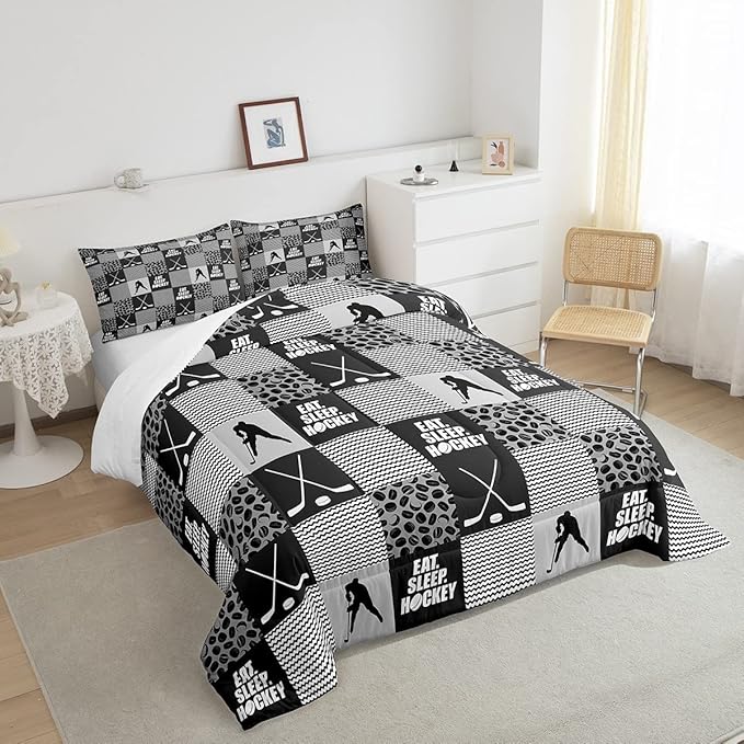 Ice Hockey Comforter Sets For Boys Queen Black White Grey Winter Sports Games Down Comforter Kids Teen Room Decor,Hockey Pucks Player Bedding Set Geometric Checkered Stripes Quilt Duvet 2 Pillow Cases