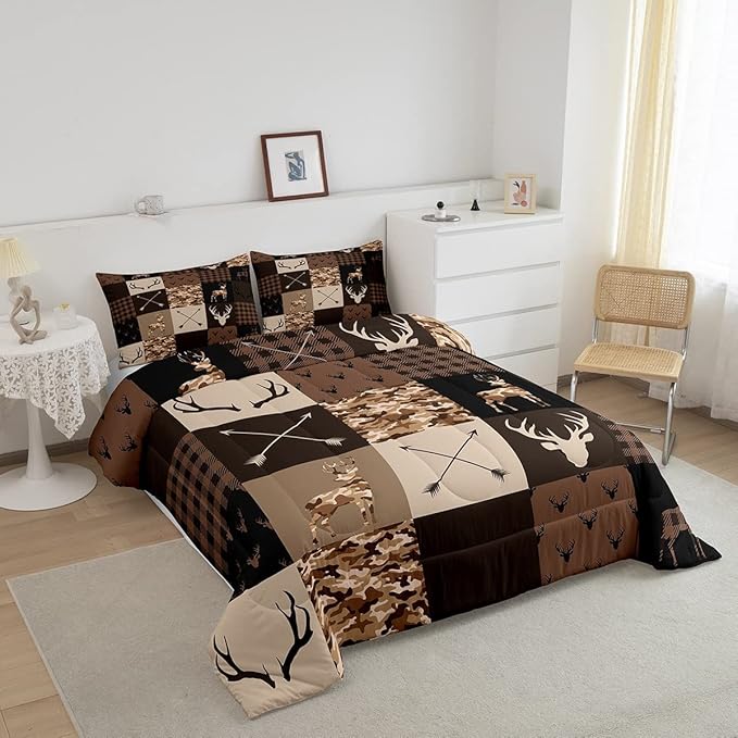 Kids Deer Antlers Animal Comforter Set King Size,Brown Camo Xmas Bedding Set,Girls Boys Adults Bedroom/Cabin Decor,Plaid Patchwork Vintage Down Comforter,Arrows Tribal Duvet Insert,3pcs,2 Pillowcases