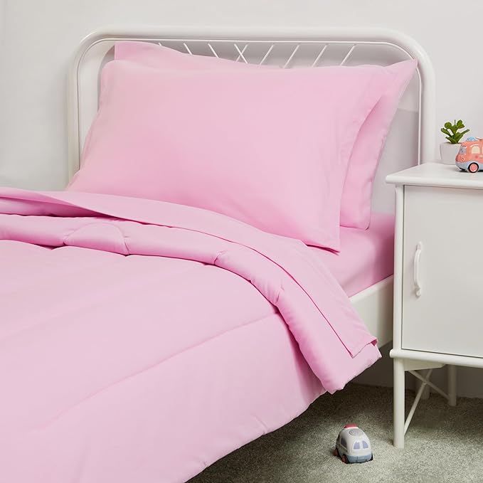 Amazon Basics 2 Piece Microfiber Kid's Bed-in-a-Bag Bedding Set, Toddler, Pink, Solid