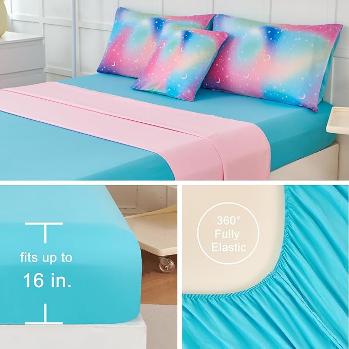 URBONUR Queen Size Comforter Set, Rainbow Stars Queen Bedding Set for Teen Girls Women, 6 Pieces Comforter, Flat Sheet, Fitted Sheet & Pillowcases
