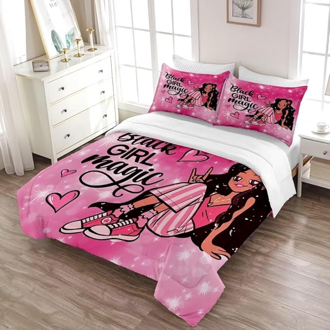 Black Girl Comforter Set Twin for Kids,Black Girl Magic Bedding Set,Cuet Black Princess Girl Comforter Black Queen Melanin Bedroom Bed Set