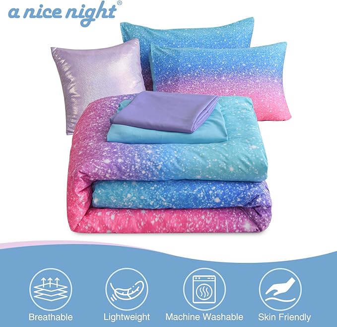 A Nice Night 6Pcs Gradient Glitter Bedding Set for Girls Twin Size, Colorful Rainbow Galaxy Comforter Set, Ultra Soft Bedding Sets, Blue