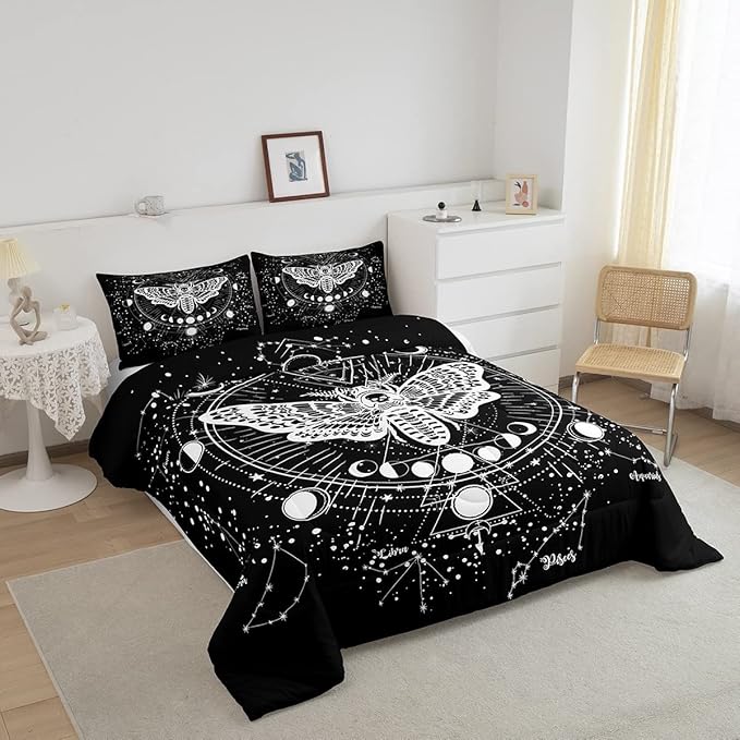 Erosebridal Bohemian Moth Comforter Halloween Skull Bedding Set Full Size Sun Moon Constellation Duvet Set for Kids Boys Girls Teens Gift Gothic Moth Skull Skeleton Bones Lightweight Down Comforter