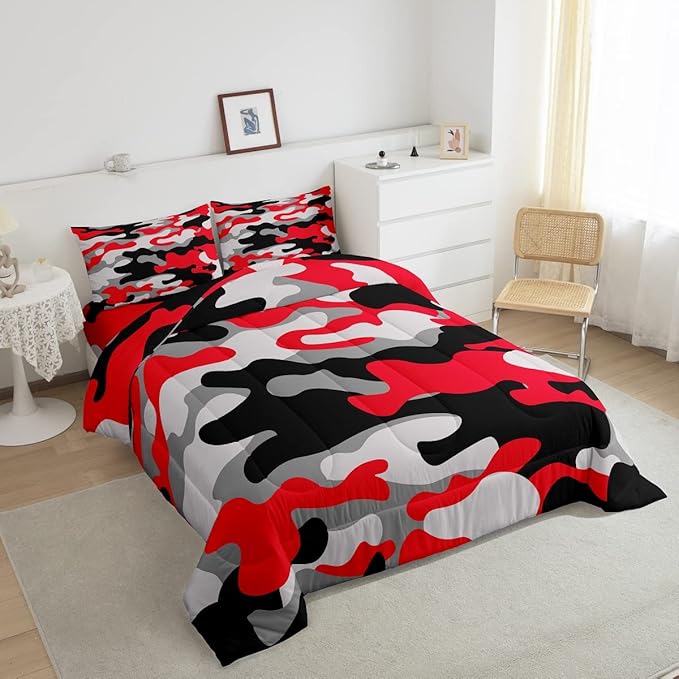 Full Size Camouflage Comforter Set 3Pcs Kids Bedding Set for Boys Girls Teens 1 Comforter & 2 Pillowcases(Full,Red Black) Boys