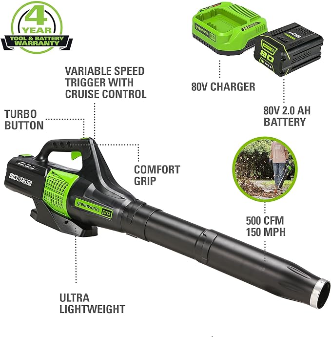 Greenworks 80V (150 MPH / 500 CFM / 75+ Compatible Tools) Cordless Axial Leaf Blower, 2.0Ah Battery and Charger Included