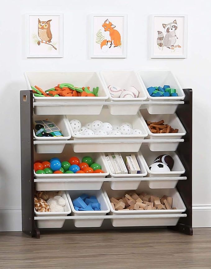 Humble Crew Modern Toy Organizer with 12 Bins, Espresso/White
