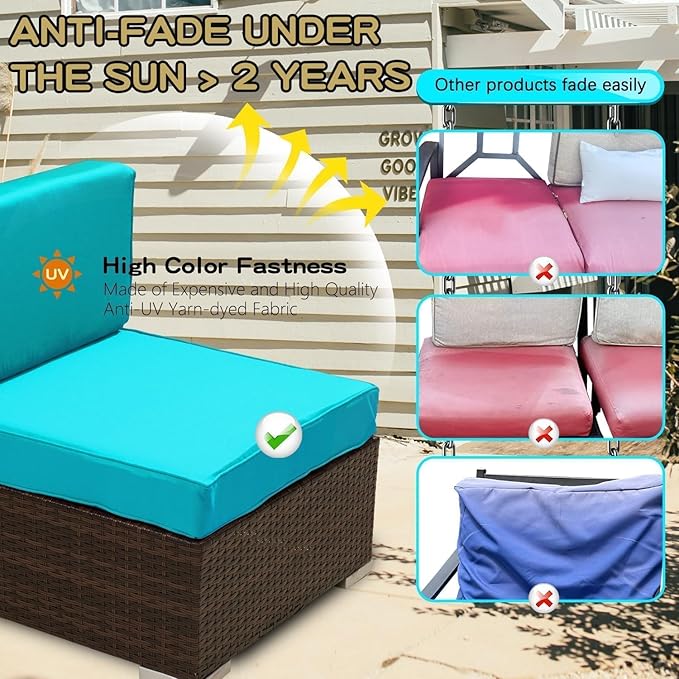 ClawsCover 7Pack Outdoor Seat and Back Cushions Replacement Covers Fit for 3/5 Pieces 4-Seater Wicker Rattan Patio Furniture Conversation Set Sectional Couch,Turquoise-Small (Include Cover Only)
