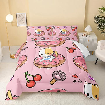 Kawaii Cat Comforter Queen Size,Doughnut Cherry Cat Comforter Set for Kids Teens Girls,3Pcs Bedding Set Printed Comforter with 2 Pillowcases,Soft and Lightweight(Pink，Queen Size)