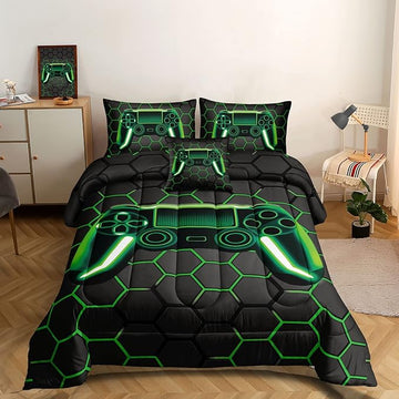 6 Pieces Gaming Bedding Set for Boys Gamer Comforter Set Queen Size,Video Game Comforter for Kids Adult 3D Gaming Geometric Microfiber Bedding Sets 6 Pieces Bed in A Bag Sets H50021,Queen