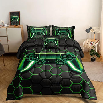 5 Pieces Gaming Bedding Set for Boys Gamer Comforter Set Twin Size,Video Game Comforter for Kids Teen 3D Gaming Geometric Microfiber Bedding Sets 5 Pieces Bed in A Bag Sets H50021,Twin