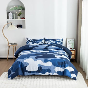 Meeting Story Camouflage Bedding Set, Colorful Pattern Style Comforter Set, 5 PCS One Comforter Two Pillowcases Two Sheets in One Bag, All Season Bedspread for Teens Adults (Navy,Twin 5Pcs)