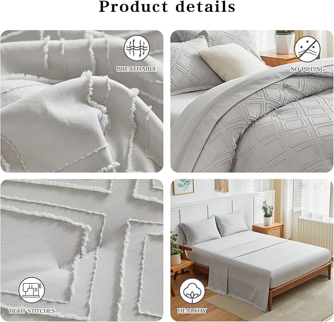 7 Pieces Tufted Bed in a Bag Queen Comforter Set with Sheets Light Grey, Soft and Embroidery Shabby Chic Boho Bohemian, Solid Color with Diamond Pattern, Jacquard Tufts Bedding Set for All Season