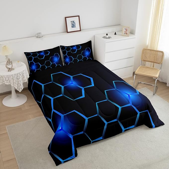 Honeycomb Kids Comforter Set Modern Geometry Hexagon Bedding Set for Boys Children Teens Bedroom Decor Geometrical Comforter Beehive Geometric Black Blue Duvet Set Queen Size with 3 Pillow Case