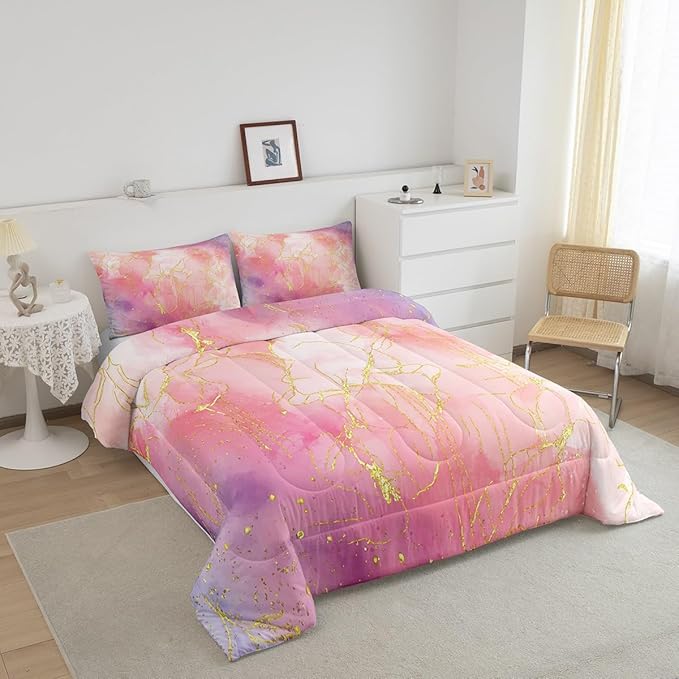 Golden Marble Bedding King Size, Tie Dye Gradient Bedding Comforter Sets for Boys Girls Women, Marbling Ink Painting Comforter Set Pink Purple Glitter Pastel Girls Room Decor with 2 Pillowcases
