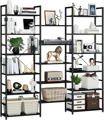 NUMENN Triple Wide 6 Tier Bookshelf, Rustic Industrial Style Bookcases and Bookshelves with 17 Open Display Shelves, Modern Tall Bookcase Furniture for Bedroom, Living Room and Home Office, Black