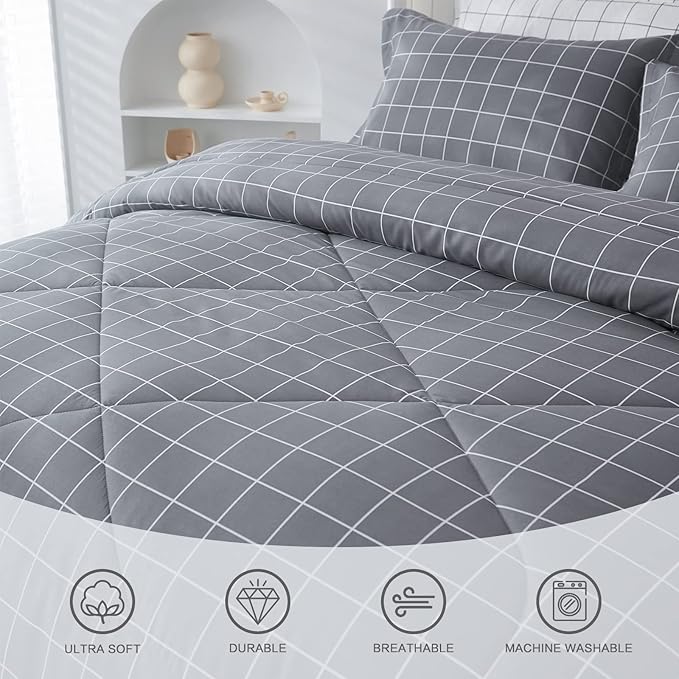 Andency Grey Grid Comforter Twin Size(66x90 inch), 2 Pieces (1 Comforter and 1 Pillowcase), Summer Lightweight Microfiber Down Alternative Bedding Comforter Sets with White Lines for Kids Boys Girls
