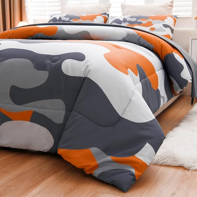 Meeting Story Camouflage Bedding Set, Colorful Pattern Style Comforter Set, 5 PCS One Comforter Two Pillowcases Two Sheets in One Bag, All Season Bedspread for Teens Adults (Orange, Full 5Pcs)