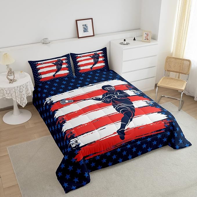 Feelyou Lacrosse Comforter Set Queen Size Boys Gilrs American Flag Sports Theme Bedding Set for Kids Adults Ultra Soft Lacrosse Player Games Comforter Navy Blue Duvet Set Room Decor Quilt Set
