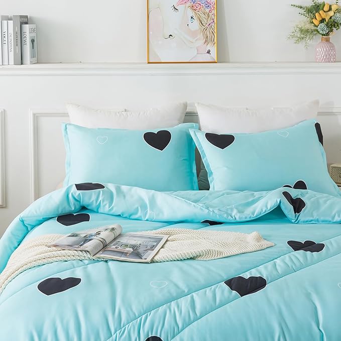 Love Pattern Girls Comforter Set Queen Size, Sky Blue Cute Love Heart Print Comforter Bedding Set for All Seasons, Geometric Soft Microfiber 3 Pieces Comforter Set with Pillowcases