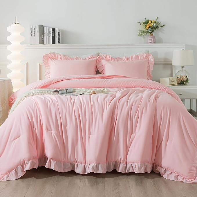 Andency Pink California King Comforter Set, 3 Pieces Cal King Light Pink Ruffle Comforter, Lightweight Soft Oversized Farmhouse Shabby Chic Microfiber Bedding Set (104x96Inch)