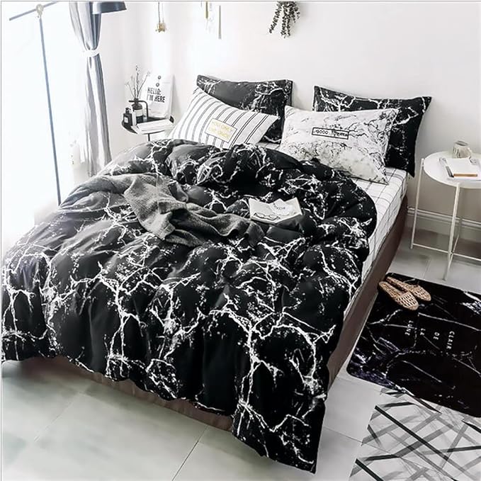 Black Comforter Set Boys Black Marble Bedding Set Twin Men Black Marble Blanket Lightweight Soft Teen Boy Girls Black Marble Quilt Set 3 PCs Bed Comforter Set Breathable Black Bedding Set
