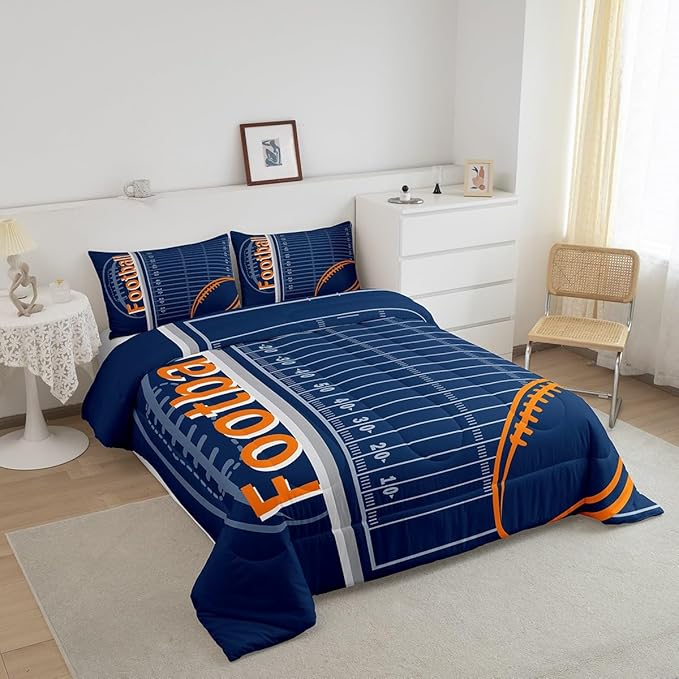 Feelyou Football Bedding Set Twin Size Rugby Sports Comforter Set for Kids Boys Girls Decor Soccer Ball Game Comforter Microfiber American Football Duvet Set Bedroom Quilt Set