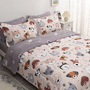 7 Piece Kids Dog Comforter Set Queen Size - Bed in A Bag Bedding Set for Teen Boys Girls - Cute Animal Quilt Super Soft All Season - Creamy White