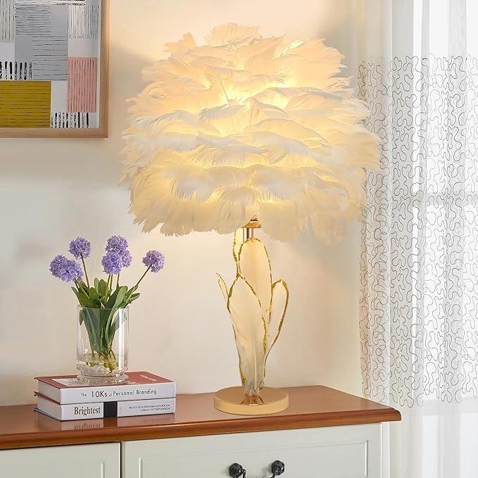 ZYLEIESENBAO Feather Desk Lamp Creative Girls Bedroom Decoration Lamp Modern White Feather Table Bedside Lamp Cute 12'' for Living Room Wedding Childrens Room