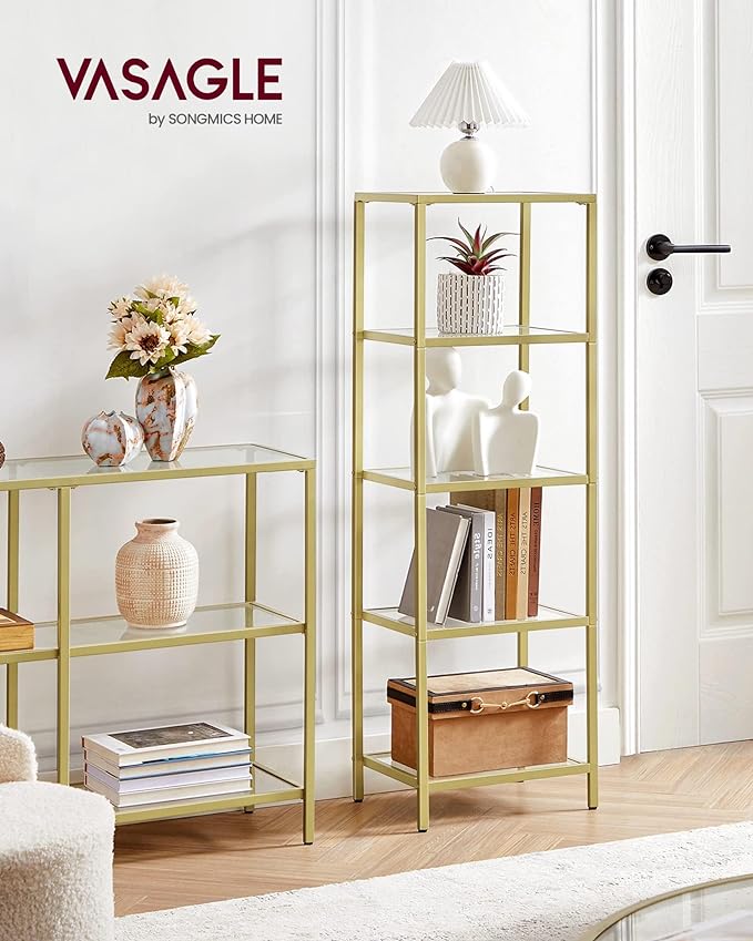 VASAGLE Bookcase, 5-Tier Bookshelf, Slim Shelving Unit for Bedroom, Bathroom, Home Office, Tempered Glass, Steel Frame, Metallic Gold ULGT029A01
