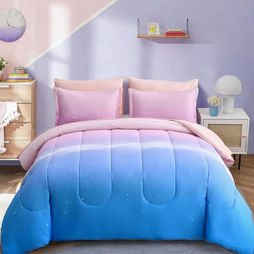 Dinjoy Girls Comforter Set Twin Size Colorful Rainbow Ombre Pink Blue Bedding Set Gradient 6 Pieces Bed in A Bag for Kids Teen Girl Women(1 Comforter, 1 Flat Sheet, 1 Fitted Sheet)