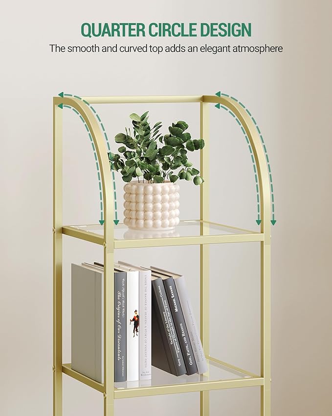 Bookcase Bookshelf, Tempered Glass Arched Bookshelf for More Storage, Slim Shelving Unit for Bedroom, Bathroom, Home Office, Steel Frame, 6 Tier Gold BC20699G