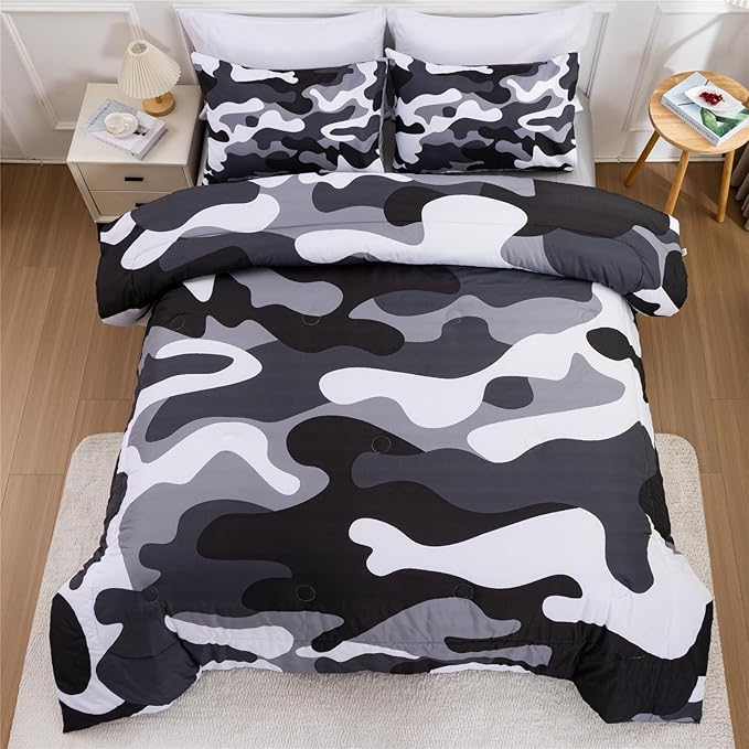 Meeting Story Camouflage Bedding Set, Colorful Pattern Style Comforter Set, 3 PCS One Comforter Two Pillowcases in One Bag, All Season Bedspread for Teens Adults (Grey,Twin