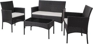 Shintenchi 4 Piece Outdoor Patio Furniture Sets, Small Wicker Patio Conversation Furniture Rattan Chair Set with Tempered Glass Coffee Table for Backyard Porch Garden Poolside Balcony