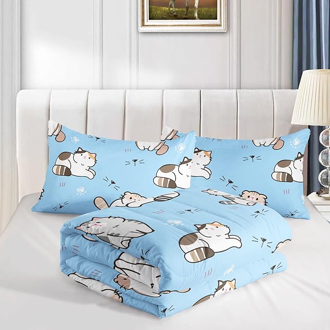 Datura home Blue Kawaii Cat Comforter Bedding Set for Girls Lovely Kitten Blue Print Cute Animal Pattern Bedding Set with 1 Comforter and 2 Pillowcases for Girls Bedroom All Season(Cat Blue Twin)