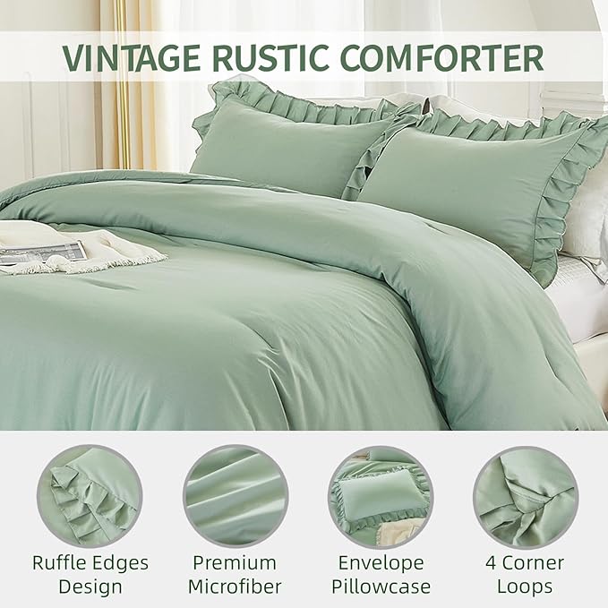 Andency Sage Green Twin Comforter Set, 2 Pieces Kids Ruffle Comforter Set Twin(66x90Inch), Farmhouse Shabby Chic Comforter Set, Soft Microfiber Kids Bedding Set