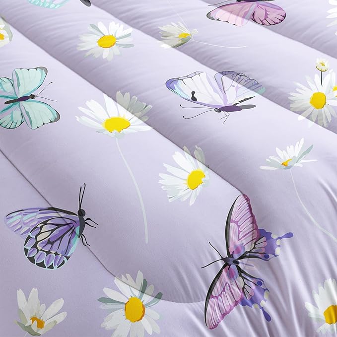 Butterfly Comforter Set for Kids Teens Girls Women,Daisy Kids Comforter,1 Comforter with 2 Pillowcase, Microfiber 3 Piece Bedding Set,for All Seasons(Purple，Full Size)