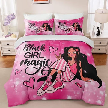 Black Girl Comforter Set Full for Kids,Black Girl Magic Bedding Set,Cuet Black Princess Girl Comforter Black Queen Melanin Bedroom Bed Set