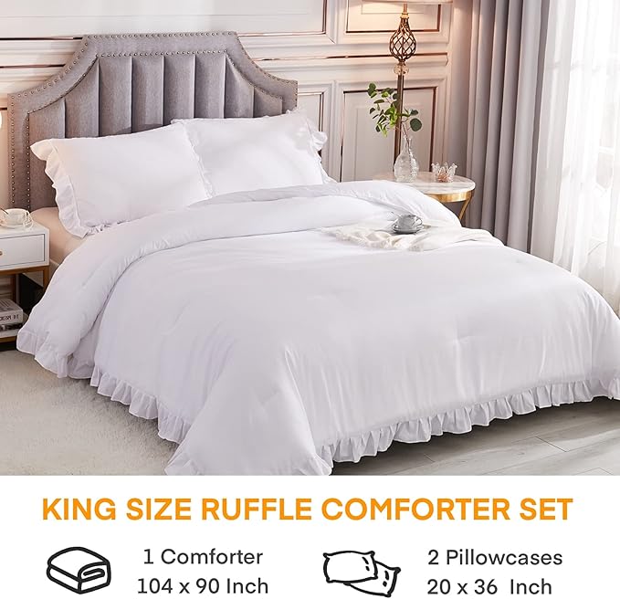 Andency White King Size Comforter Set, 3 Pieces Solid Farmhouse Shabby Chic Bedding Comforters & Sets, All Season Western Rustic Soft Down Alternative Bed Set for Adult Men Women