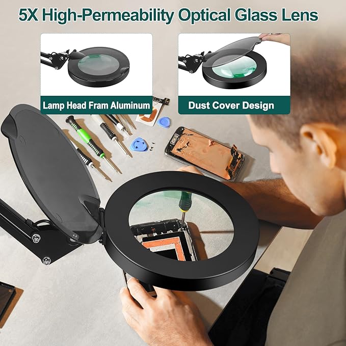 5X Magnifying Glass with Light and Stand, NAKOOS 3-in-1 Magnifying Lamp with Light, 3 Lightings Dimmable Magnifier with Anti-dust Cover and Timer, Soldering Magnifying Glass for DIY Close Work