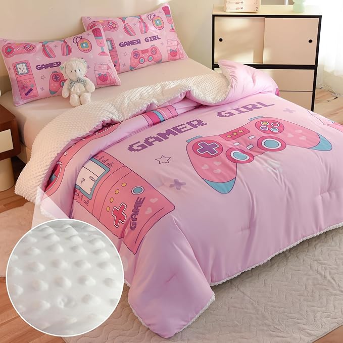 Video Game Twin Size Comforter Set for Girls Kids Teens 3D Gaming Controller Pattern Gamepad Print Bedding Set- 3 Piece Pink Quilt with 2 Pillowcases (68"x90")