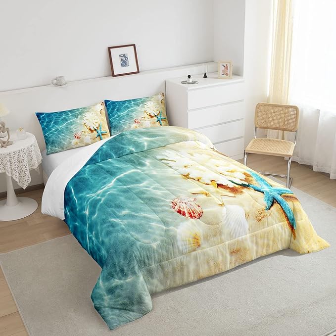 Ocean Comforter Set Queen Beach Bedding Coastal Nature Theme Pattern Teal Duvet Set Boys Girls Hawaiian Quilt Sets Sea Wave Animals Starfish Reversible Comforter Set 2 Pillowcases, Blue Room Decor