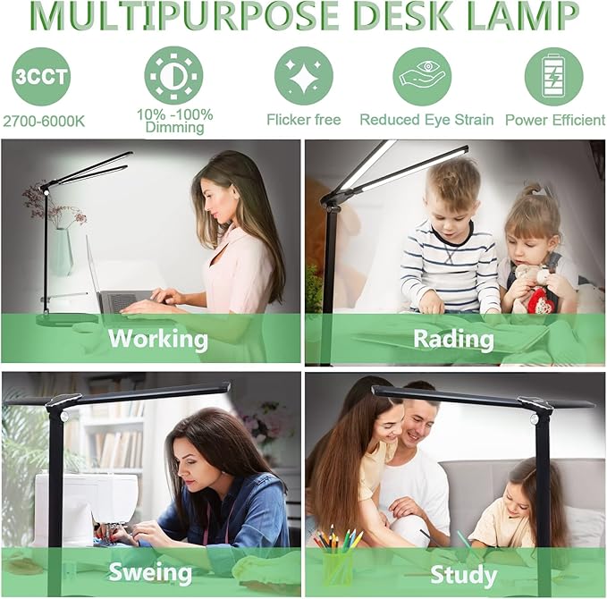 Desk Lights for Home Office - LED Desk Lamp with Night Light, Office Desk Lamp with Memory Function, 5CCT Brightest Workbench Office Lighting, Dimmable Modern Desk Lamp for Monitor Studio Reading