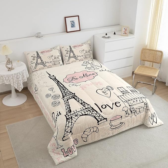 Feelyou Eiffel Tower Comforter Set King Paris Tower Comforter for Girls Romantic Rose Chic Paris Theme Bedding Set Paris Cityscape Printed Heart Love Duvet Set Room Decor Quilt Set Twin
