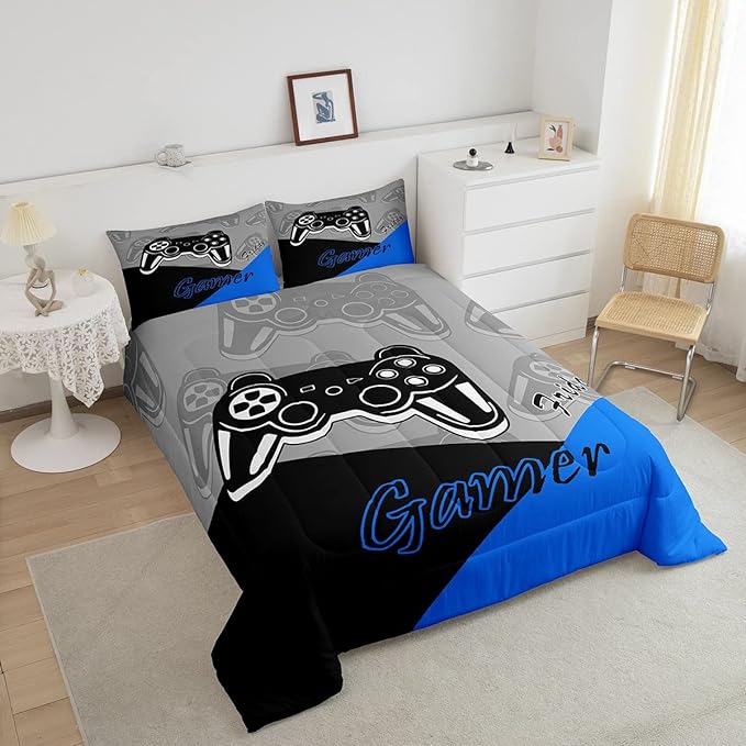 Feelyou Gaming Comforter for Boys Teen Video Game Bedding Set for Kids Gamer Comforter for All Season Gamepad Home Decor for Comforter Set Twin Size,1 Comforter with 1 Pillowcase Blue Black Grey
