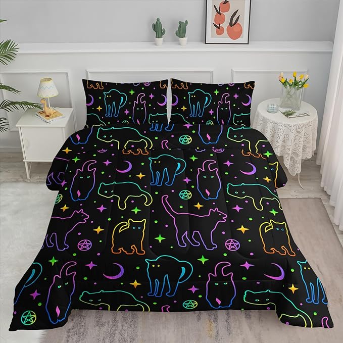Black Cat Bedding Cartoon Cat Comforter Set Full,Moon Stars Printed Kids Bedding Set for Boys Girls Adults Room Decor,Kids Comforter Set All Season,1 Quilt 2 Pillow Cases,Neon Color Purple Blue Green