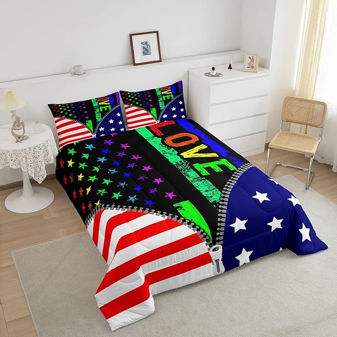 Erosebridal American Flag Comforter Set Rainbow Pride Down Comforter King Size for Teens Adult Women Bedroom,USA Federations Stars Stripes Bedding Set Kids Unique Zipper Design Duvet Sets, Colorful