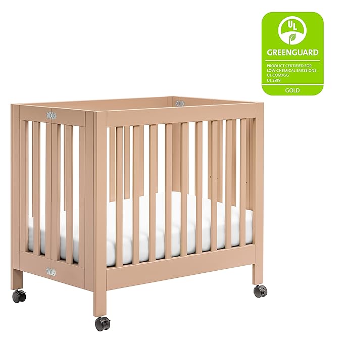 Babyletto Origami Mini Portable Folding Crib with Wheels in Canyon, 2 Adjustable Mattress Positions, Greenguard Gold Certified